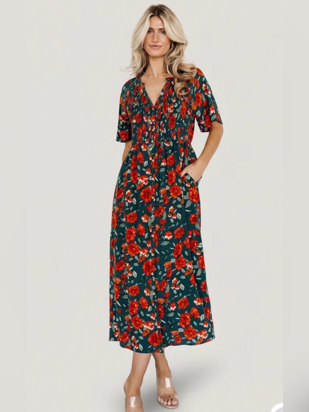 Baltic Born Botega Emerald Red Poppy Floral Midi Dress | Large